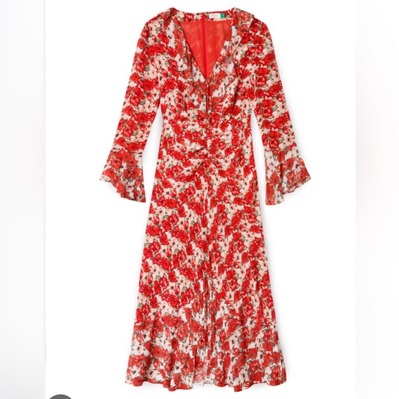 RIXO Floral Red Midi Dress with Ruffle Details - Picture 2 of 9